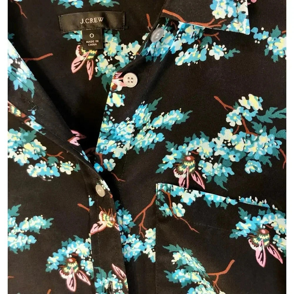 J.Crew100% Silk Button Down Top Long Sleeves Bee Flowers Print Size 0 - Picture 3 of 4